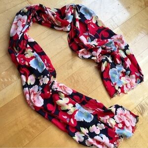 Floral, Lightweight Fringe Scarf, Navy Blue, Light Blue, Red, Pink, Yellow